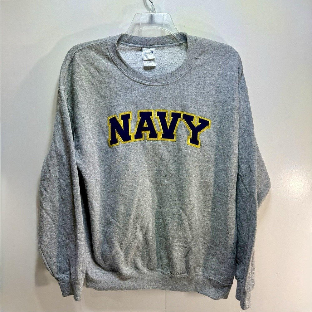 Gildan Mens NAVY Embroidered Applique Crewneck Sweatshirt Gray Heavy Blend Large